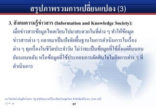 สรุปภาพรวมการเปลี่ยนแปลง (3)
3. สังคมความรู้ข่าวสาร (Information and Knowledge Society):
เมื่อข่าวสารข้อมูลไหลเวียนไปมาสะดวกในที่ต่าง ๆ ทําให้ข้อมูล
ข่าวสารต่าง ๆ กลายมาเป็นปัจจัยพื้นฐานในการดําเนินการในเรื่อง
ต่าง ๆ ทุกเรื่องในชีวิตประจําวัน ไม่ว่าจะเป็นข้อมูลที่ใช้ตั้งแต่ตื่นนอน
ยันนอนหลับ หรือข้อมูลที่ใช้ประกอบการตัดสินใจในกิจการต่าง ๆ ที่
ดําเนินการ
27
ดร.ไชยรัตน์ เจริญสินโอฬาร, รัฐ-ชาติกับ[ความไร้]ระเบียบโลกชุดใหม่, สํานักพิมพ์วิภาษา, 2549: หน้า
12 – 16
 