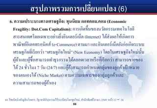สรุปภาพรวมการเปลี่ยนแปลง (6)
6. ความเปราะบางทางเศรษฐกิจ: ทุนนิยม ดอทคอม.คอม (Economic
Fragility: Dot.Com Capitalism): การเกิดขึ้นของนวัตกรรมเทคโนโลยี
สารสนเทศโดยเฉพาะอย่างยิ่งอินเตอร์เน็ต (Internet) ได้ส่งผลให้เกิดการ
พาณิชย์อิเลคทรอนิคส์ (e-Commerce) ตามมา และอินเตอร์เน็ตยังก่อเกิดระบบ
เศรษฐกิจที่เรียกว่า “เศรษฐกิจใหม่” (New Economy) โดยในเศรษฐกิจใหม่นั้น
ผู้ค้าและผู้ซื้อสามารถทําธุรกรรมได้ตลอดเวลาหรือที่เรียกว่า สามารถขายของ
ได้24 ชั่วโมง 7 วัน (24/7) และผู้ค้าสามารถกําหนดกลุ่มของลูกค้าเป้าหมาย
ของตนเองได้(Niche Market) ตามความเฉพาะของกลุ่มลูกค้าและ
ความสามารถของผู้ค้าเอง
30
ดร.ไชยรัตน์ เจริญสินโอฬาร, รัฐ-ชาติกับ[ความไร้]ระเบียบโลกชุดใหม่, สํานักพิมพ์วิภาษา, 2549: หน้า 12 – 16
 