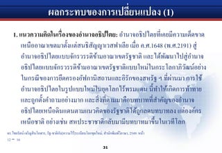 ผลกระทบของการเปลี่ยนแปลง (1)
1. แนวความคิดในเรื่องของอานาจอธิปไตย: อํานาจอธิปไตยที่เคยมีความเด็ดขาด
เหนืออาณาเขตมาตั้งแต่สนธิสัญญาเวสฟาเลีย เมื่อ ค.ศ.1648 (พ.ศ.2191) สู่
อํานาจอธิปไตยแบบจักรวรรดิข้ามอาณาเขตรัฐชาติ และได้พัฒนาไปสู่อํานาจ
อธิปไตยแบบจักรวรรดิข้ามอาณาเขตรัฐชาติแบบใหม่ในกระโลกาภิวัฒน์อย่าง
ในกรณีของการยึดครองอัฟกานิสถานและอิรักของสหรัฐ ฯ ที่ผ่านมา การใช้
อํานาจอธิปไตยในรูปแบบใหม่ในยุคโลกไร้พรมแดน นี้ทําให้เกิดการท้าทาย
และถูกตั้งคําถามอย่างมาก และสิ่งที่ตามมาคือบทบาทที่สําคัญของอํานาจ
อธิปไตยเหนือดินแดนตามแนวคิดของรัฐชาติได้ถูกลดบทบาทลง แต่องค์กร
เหนือชาติ อย่างเช่น สหประชาชาติกลับมามีบทบาทมาขึ้นในเวทีโลก
31
ดร.ไชยรัตน์ เจริญสินโอฬาร, รัฐ-ชาติกับ[ความไร้]ระเบียบโลกชุดใหม่, สํานักพิมพ์วิภาษา, 2549: หน้า
12 – 16
 