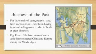 Business of the Past
• For thousands of years, people—and,
later, corporations—have been buying
from and selling to each other in lands
at great distances.
• E.g. Famed Silk Road across Central
Asia that connected China and Europe
during the Middle Ages.
 