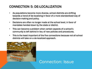 CONNECTION 5: DE-LOCALIZATION
•   As populations become more diverse, school districts are shifting
    towards a trend of de-localizing in favor of a more standardized way of
    decision-making and policy.
•   Decisions are often no longer made at the school level, in favor of
    mandates handed down by the state or district.
•   This can become a problem when certain aspects of a school’s
    community is left behind in lieu of new policies and procedures.
•   This is the least important of the five connections because not all school
    districts will take on a de-localized approach.




                                Connection: Issue
 