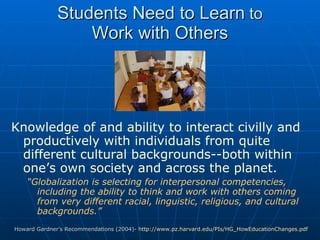 Students Need to Learn  to Work with Others Knowledge of and ability to interact civilly and productively with individuals from quite different cultural backgrounds--both within one’s own society and across the planet. “ Globalization is selecting for interpersonal competencies, including the ability to think and work with others coming from very different racial, linguistic, religious, and cultural backgrounds.” Howard Gardner’s Recommendations (2004)-  http://www.pz.harvard.edu/PIs/HG_HowEducationChanges.pdf   