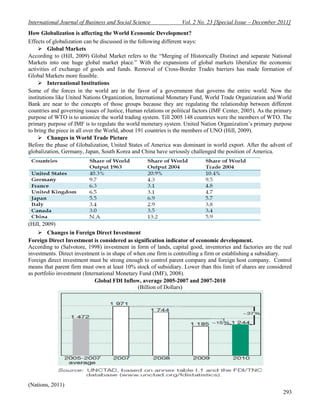International Journal of Business and Social Science              Vol. 2 No. 23 [Special Issue – December 2011]
How Globalization is affecting the World Economic Development?
Effects of globalization can be discussed in the following different ways:
      Global Markets
According to (Hill, 2009) Global Market refers to the “Merging of Historically Distinct and separate National
Markets into one huge global market place.” With the expansions of global markets liberalize the economic
activities of exchange of goods and funds. Removal of Cross-Border Trades barriers has made formation of
Global Markets more feasible.
      International Institutions
Some of the forces in the world are in the favor of a government that governs the entire world. Now the
institutions like United Nations Organization, International Monetary Fund, World Trade Organization and World
Bank are near to the concepts of those groups because they are regulating the relationship between different
countries and governing issues of Justice, Human relations or political factors (IMF Center, 2005). As the primary
purpose of WTO is to unionize the world trading system. Till 2005 148 countries were the members of WTO. The
primary purpose of IMF is to regulate the world monetary system. United Nation Organization’s primary purpose
to bring the piece in all over the World, about 191 countries is the members of UNO (Hill, 2009).
      Changes in World Trade Picture
Before the phase of Globalization, United States of America was dominant in world export. After the advent of
globalization, Germany, Japan, South Korea and China have seriously challenged the position of America.




(Hill, 2009)
     Changes in Foreign Direct Investment
Foreign Direct Investment is considered as signification indicator of economic development.
According to (Salvotore, 1998) investment in form of lands, capital good, inventories and factories are the real
investments. Direct investment is in shape of when one firm is controlling a firm or establishing a subsidiary.
Foreign direct investment must be strong enough to control parent company and foreign host company. Control
means that parent firm must own at least 10% stock of subsidiary. Lower than this limit of shares are considered
as portfolio investment (International Monetary Fund (IMF), 2008).
                             Global FDI Inflow, average 2005-2007 and 2007-2010
                                               (Billion of Dollars)




(Nations, 2011)
                                                                                                              293
 