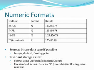 Numeric Formats



•   Store as binary data type if possible
    •   Integer, decimal, floating-point
•   Invariant storage as text
    •   Format using CultureInfo.InvariantCulture
    •   Use standard format character “R” (reversible) for floating point
        numbers
 