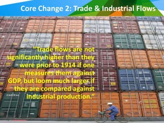 Core Change 2: Trade & Industrial Flows



          “Trade flows are not
significantly higher than they
     were prior to 1914 if one
       measures them against
GDP, but loom much larger if
   they are compared against
        industrial production.“
 