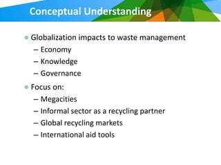 Conceptual Understanding

Globalization impacts to waste management
 – Economy
 – Knowledge
 – Governance
Focus on:
 – Megacities
 – Informal sector as a recycling partner
 – Global recycling markets
 – International aid tools
 