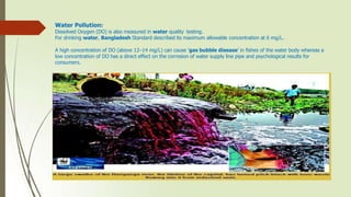 Water Pollution:
Dissolved Oxygen (DO) is also measured in water quality testing.
For drinking water, Bangladesh Standard described its maximum allowable concentration at 6 mg/L.
A high concentration of DO (above 12–14 mg/L) can cause ‘gas bubble disease’ in fishes of the water body whereas a
low concentration of DO has a direct effect on the corrosion of water supply line pipe and psychological results for
consumers.
 