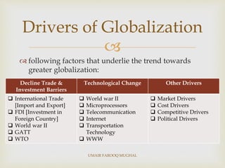 
 following factors that underlie the trend towards
greater globalization:
Drivers of Globalization
Decline Trade &
Investment Barriers
Technological Change Other Drivers
 International Trade
[Import and Export]
 FDI [Investment in
Foreign Country]
 World war II
 GATT
 WTO
 World war II
 Microprocessors
 Telecommunication
 Internet
 Transportation
Technology
 WWW
 Market Drivers
 Cost Drivers
 Competitive Drivers
 Political Drivers
UMAIR FAROOQ MUGHAL
 