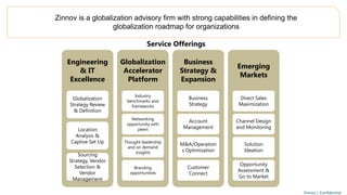 Zinnov | Confidential
Zinnov is a globalization advisory firm with strong capabilities in defining the
globalization roadmap for organizations
Engineering
& IT
Excellence
Globalization
Strategy Review
& Definition
Location
Analysis &
Captive Set Up
Sourcing
Strategy, Vendor
Selection &
Vendor
Management
Globalization
Accelerator
Platform
Industry
benchmarks and
frameworks
Networking
opportunity with
peers
Thought leadership
and on demand
insights
Branding
opportunities
Business
Strategy &
Expansion
Business
Strategy
Account
Management
M&A/Operation
s Optimization
Customer
Connect
Emerging
Markets
Direct Sales
Maximization
Channel Design
and Monitoring
Solution
Ideation
Opportunity
Assessment &
Go to Market
Service Offerings
 