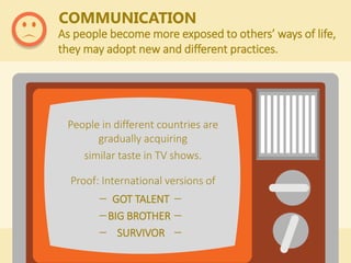 People in different countries are
gradually acquiring
similar taste in TV shows.
Proof: International versions of
GOT TALENT
BIG BROTHER
SURVIVOR
COMMUNICATION
As people become more exposed to others’ ways of life,
they may adopt new and different practices.
 