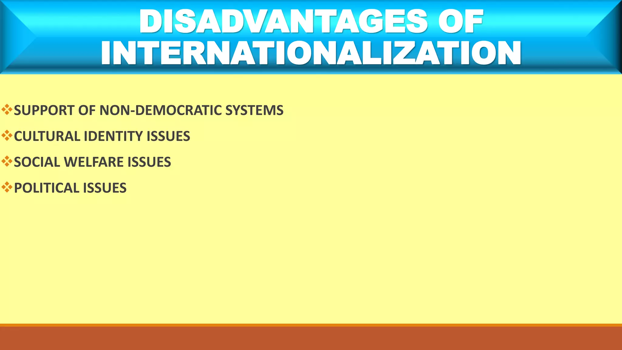 SUPPORT OF NON-DEMOCRATIC SYSTEMS
CULTURAL IDENTITY ISSUES
SOCIAL WELFARE ISSUES
POLITICAL ISSUES
DISADVANTAGES OF
INTERNATIONALIZATION
 