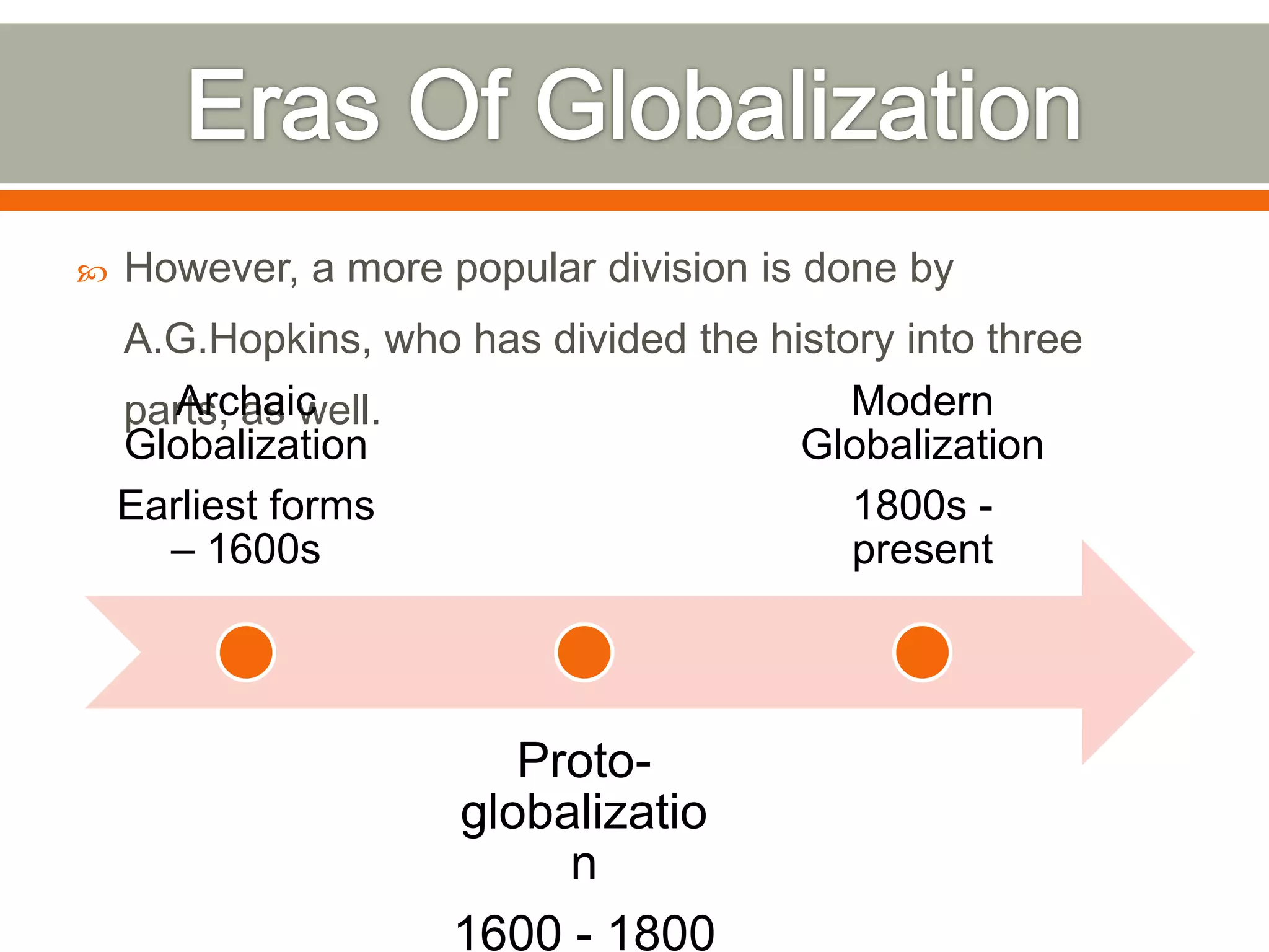 

However, a more popular division is done by

A.G.Hopkins, who has divided the history into three
Archaic
Modern
parts, as well.
Globalization
Globalization
Earliest forms
1800s – 1600s
present

Protoglobalizatio
n
1600 - 1800

 