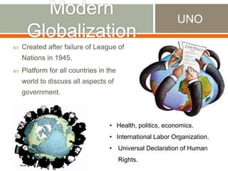 UNO


Created after failure of League of
Nations in 1945.



Platform for all countries in the
world to discuss all aspects of
government.

• Health, politics, economics.

• International Labor Organization.
• Universal Declaration of Human
Rights.

 