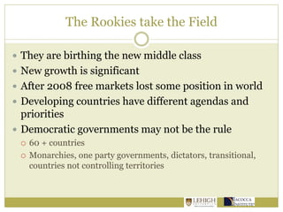 The Rookies take the Field
 They are birthing the new middle class
 New growth is significant
 After 2008 free markets lost some position in world
 Developing countries have different agendas and
priorities
 Democratic governments may not be the rule
 60 + countries
 Monarchies, one party governments, dictators, transitional,
countries not controlling territories
 