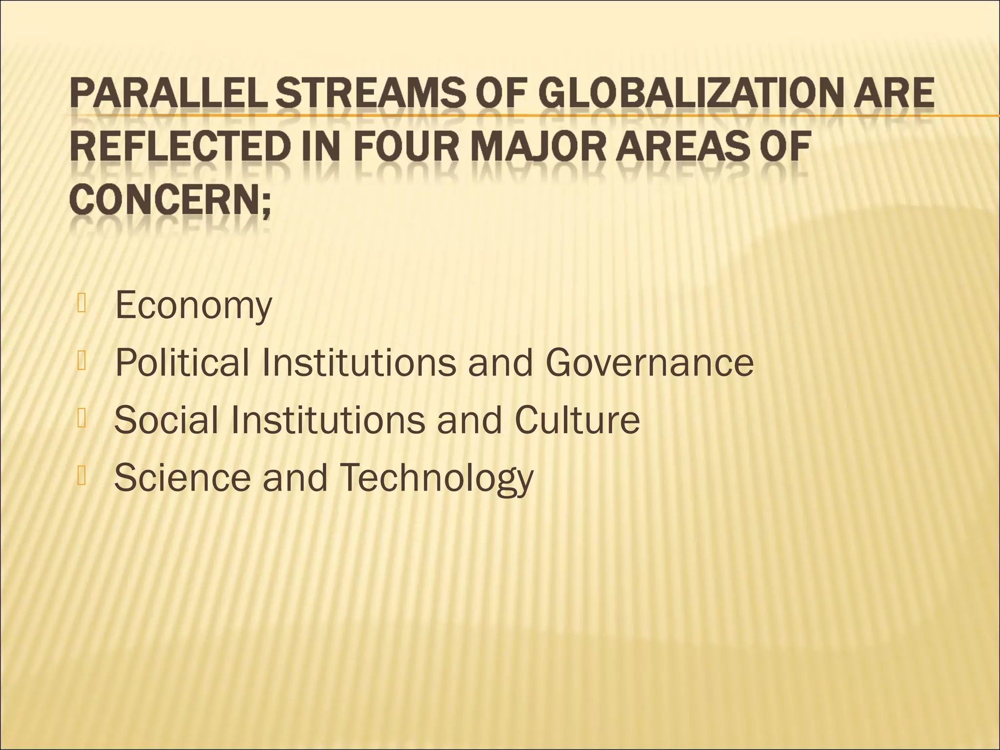  Economy
 Political Institutions and Governance
 Social Institutions and Culture
 Science and Technology
 