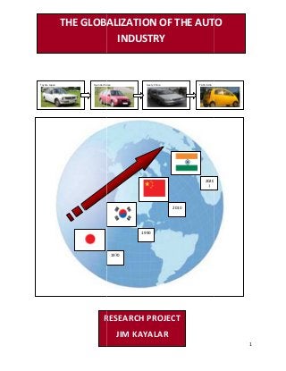 THE GLOBALIZATION OF THE AUTO
Toyota Japan Hyundai Korea
RESEARCH PROJECT
THE GLOBALIZATION OF THE AUTO
INDUSTRY
1970
2020
?
1990
2010
Korea Geely China TATA India
RESEARCH PROJECT
JIM KAYALAR
1
THE GLOBALIZATION OF THE AUTO
 