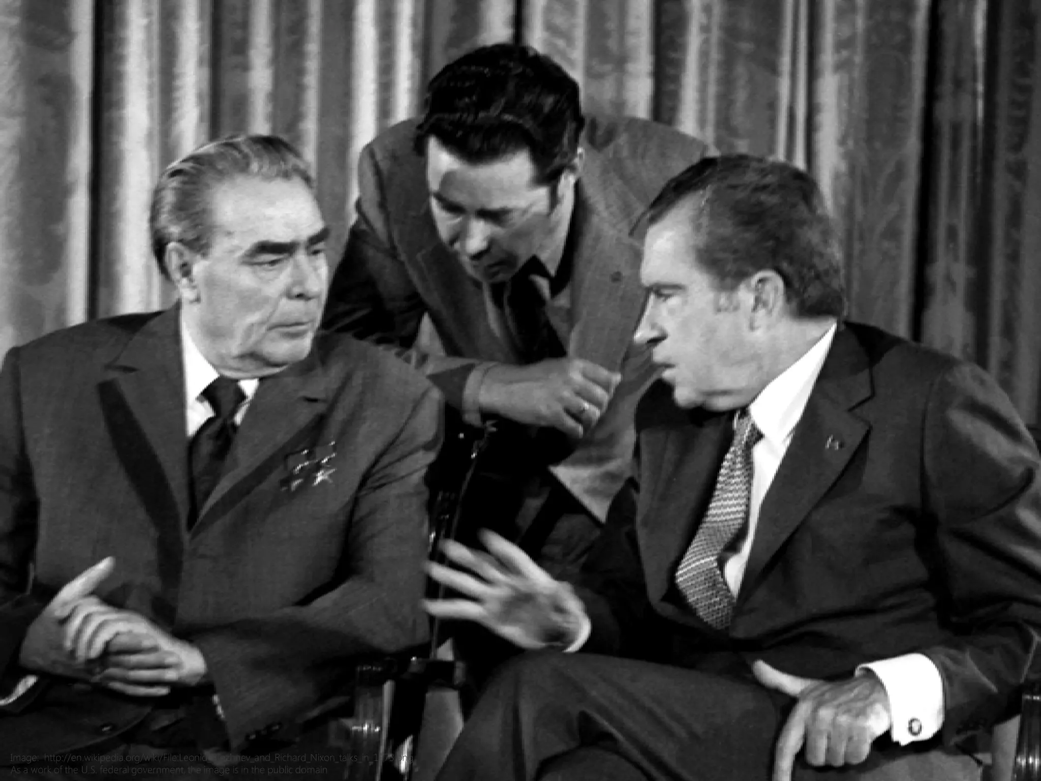 Image: http://en.wikipedia.org/wiki/File:Leonid_Brezhnev_and_Richard_Nixon_talks_in_1973.png
As a work of the U.S. federal government, the image is in the public domain
 
