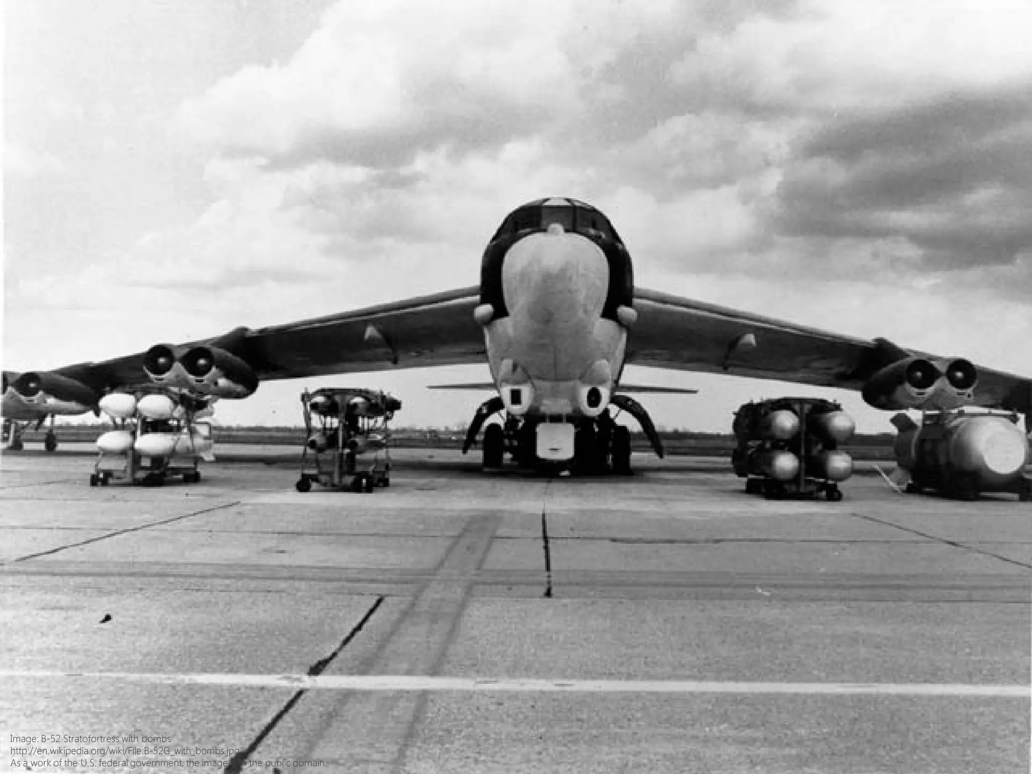 Image: B-52 Stratofortress with bombs
http://en.wikipedia.org/wiki/File:B-52G_with_bombs.jpg
As a work of the U.S. federal government, the image is in the public domain.
 