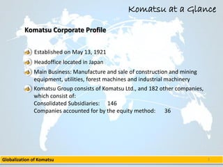 Globalization of Komatsu 3 
Komatsu at a GlanceKomatsu Corporate Profile 
Established on May 13, 1921 
Headoffice located in Japan 
Main Business: Manufacture and sale of construction and mining equipment, utilities, forest machines and industrial machinery 
Komatsu Group consists of Komatsu Ltd., and 182 other companies, which consist of: Consolidated Subsidiaries:146Companies accounted for by the equity method: 36  