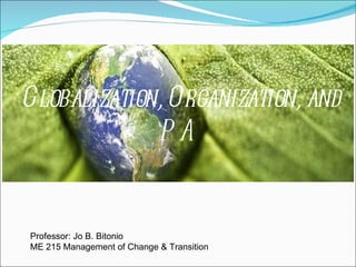[object Object],[object Object],Globalization, Organization, and PA Professor: Jo B. Bitonio ME 215 Management of Change & Transition 