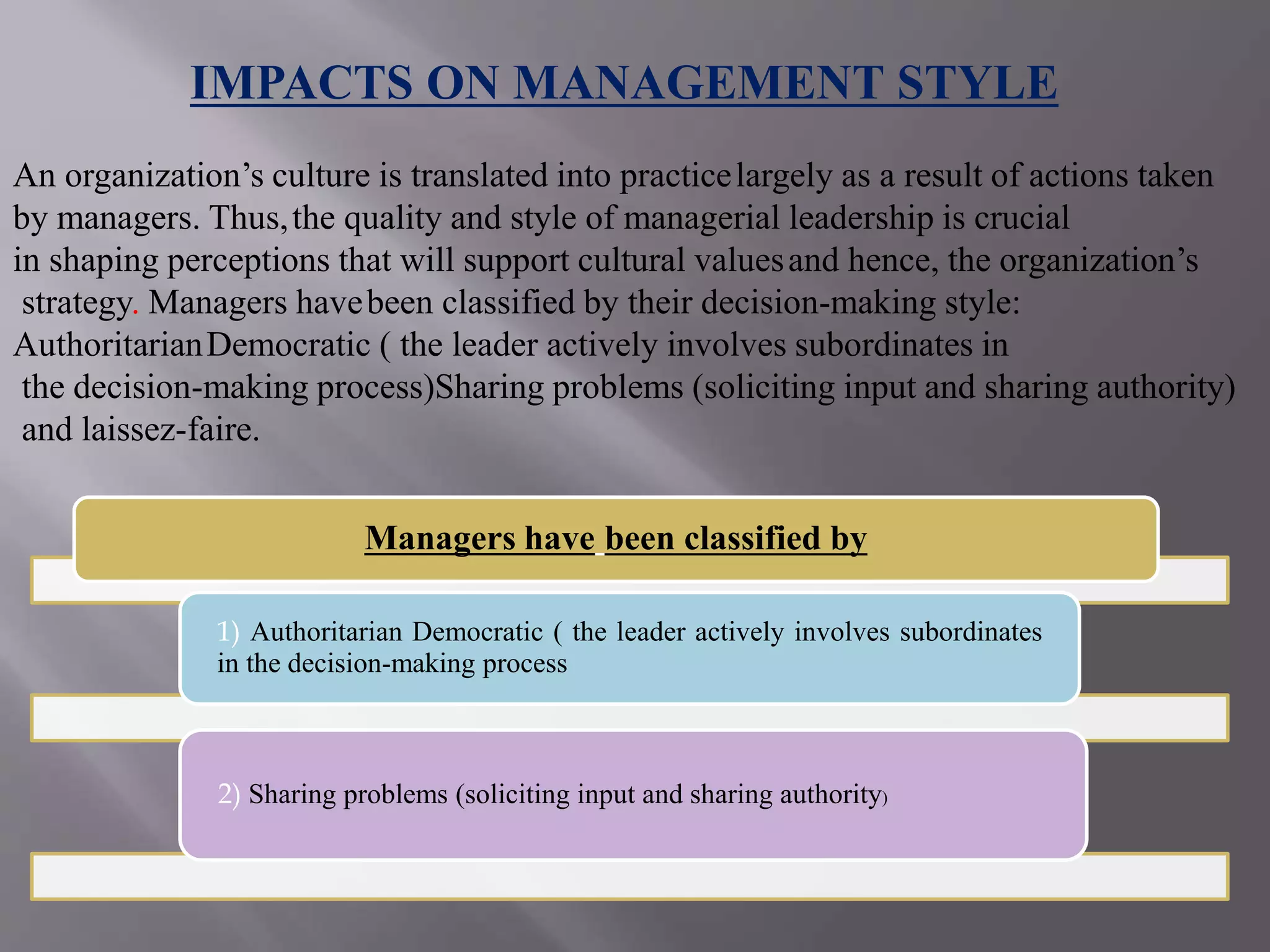 IMPACTS ON MANAGEMENT STYLE
An organization’s culture is translated into practicelargely as a result of actions taken
by managers. Thus,the quality and style of managerial leadership is crucial
in shaping perceptions that will support cultural valuesand hence, the organization’s
strategy. Managers havebeen classified by their decision-making style:
AuthoritarianDemocratic ( the leader actively involves subordinates in
the decision-making process)Sharing problems (soliciting input and sharing authority)
and laissez-faire.
Managers have been classified by
1) Authoritarian Democratic ( the leader actively involves subordinates
in the decision-making process
2) Sharing problems (soliciting input and sharing authority)
 