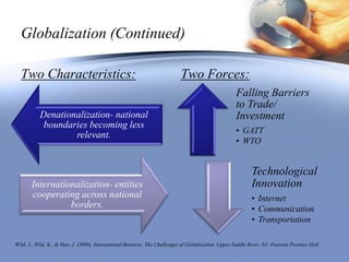 Globalization (Continued)Two Characteristics:Two Forces:Wild, J., Wild, K., & Han, J. (2008). International Business: The Challenges of Globalization. Upper Saddle River, NJ: Pearson Prentice Hall. 