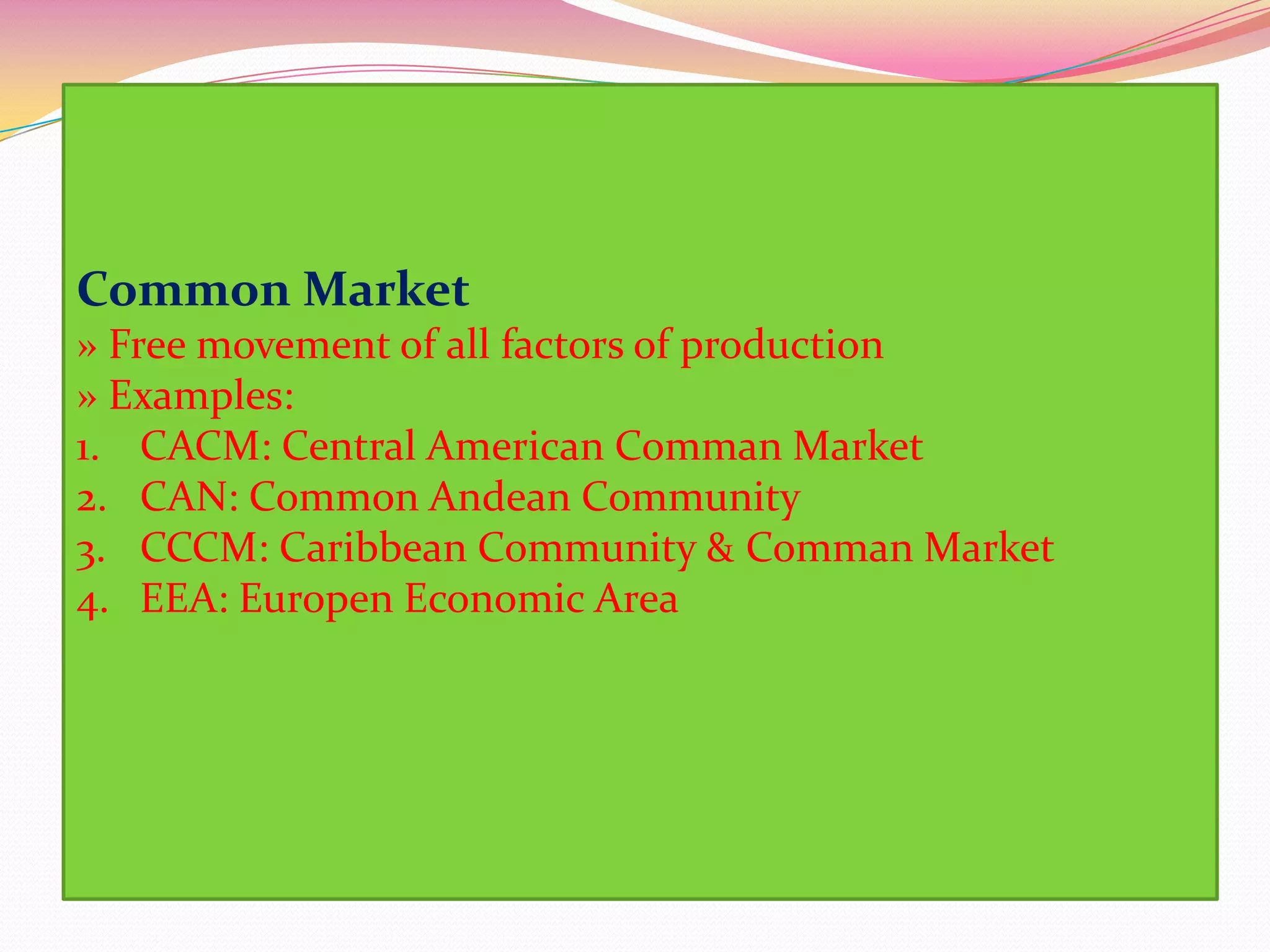 Political - some use "globalization" to mean the creation of a world government which regulates the relationships among governments and guarantees the rights arising from social and economic globalization.Informational - increase in information flows between geographically remote locations. Arguably this is a technological change with the advent of fibre optic communications, satellites, and increased availability of telephone and Internet.Ecological - the advent of global environmental challenges that might be solved with international cooperation, such as climate change, cross-boundary water and air pollution, over-fishing of the ocean, and the spread of invasive speciesSocial - development of the system of non-governmental organizations as main agents of global public policy, including humanitarian aid and developmental effortsTechnical & Cultural
