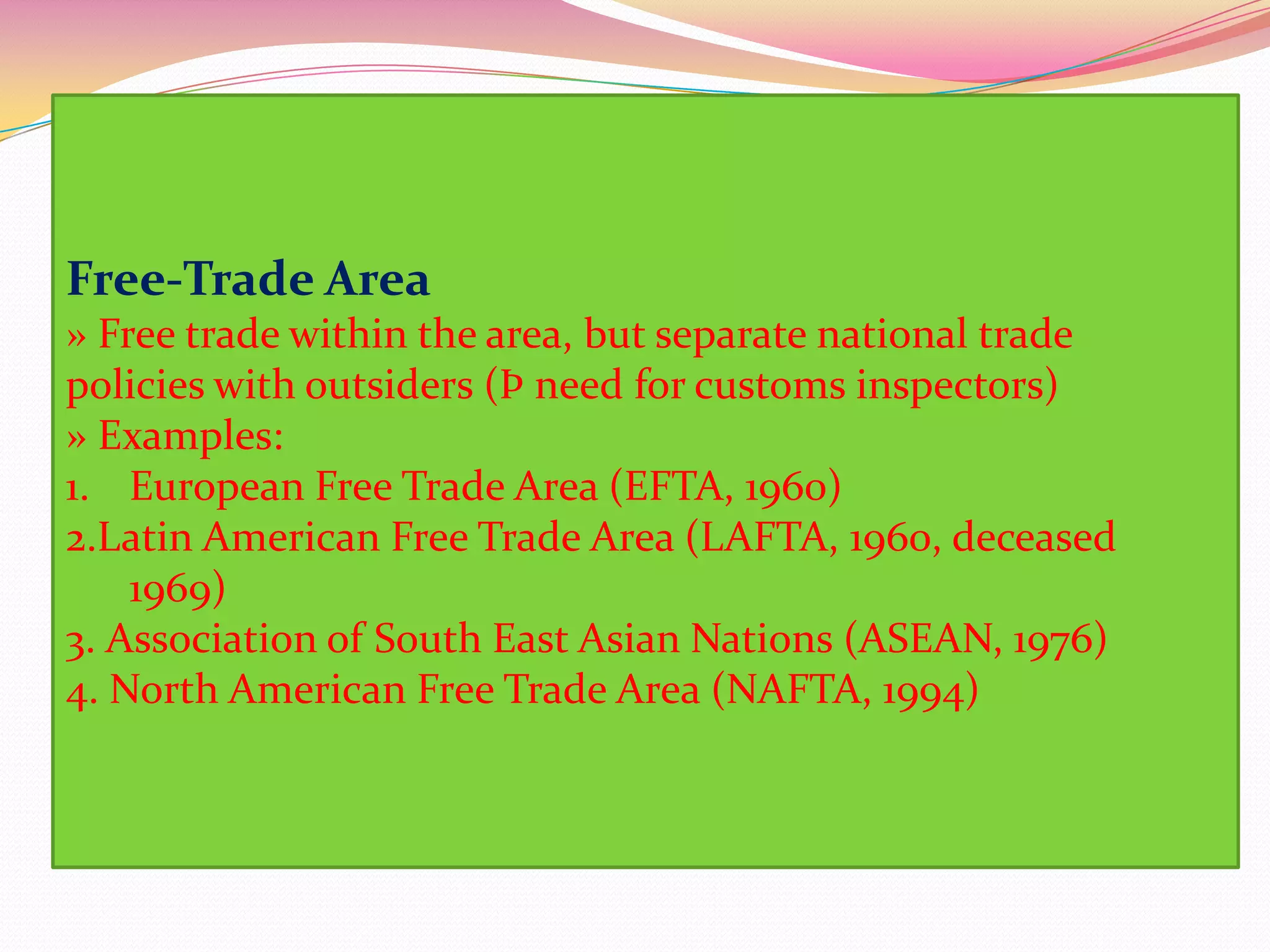 TRADING BLOCKSA trade block is a type of intergovernmental agreement , often part of a regional intergovernmental organization ,where regional barriers to trade (tariffs and non tariffs barriers) are reduced or eliminated among the participating states.Types of Trading BlocksEconomic & Monetary  UnionCommon MarketsCustom UnionsFree trade areasOther