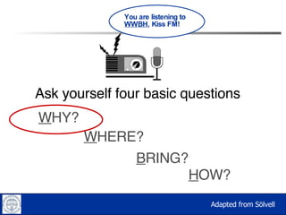 W HY? Ask yourself four basic questions H OW? B RING? W HERE? You are listening to  WWBH , Kiss FM! Adapted from Sölvell 