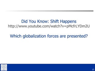 Did You Know: Shift Happens http:// www.youtube.com/watch?v =pMcfrLYDm2U Which globalization forces are presented? 