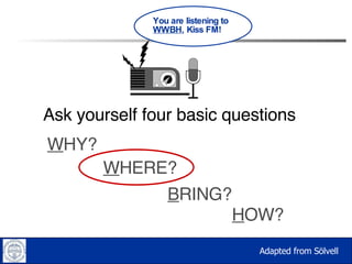 W HY? Ask yourself four basic questions H OW? B RING? W HERE? You are listening to  WWBH , Kiss FM! Adapted from Sölvell 
