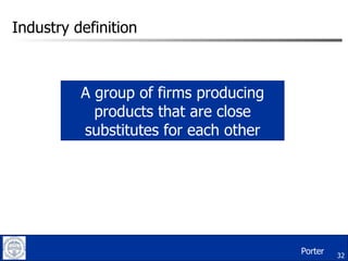 Industry definition A group of firms producing products that are close substitutes for each other Porter 