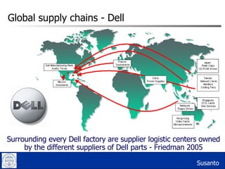 Global supply chains - Dell Susanto Surrounding every Dell factory are supplier logistic centers owned by the different suppliers of Dell parts - Friedman 2005 