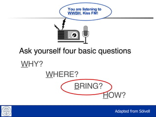 W HY? Ask yourself four basic questions H OW? B RING? W HERE? You are listening to  WWBH , Kiss FM! Adapted from Sölvell 