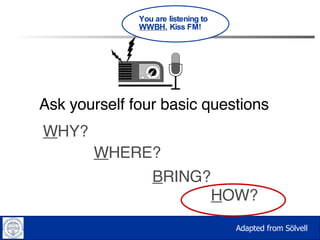 W HY? Ask yourself four basic questions H OW? B RING? W HERE? You are listening to  WWBH , Kiss FM! Adapted from Sölvell 