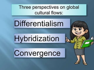 Three perspectives on global
cultural flows:
Differentialism
Hybridization
Convergence
 