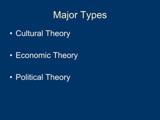 Major Types Cultural Theory Economic Theory Political Theory 