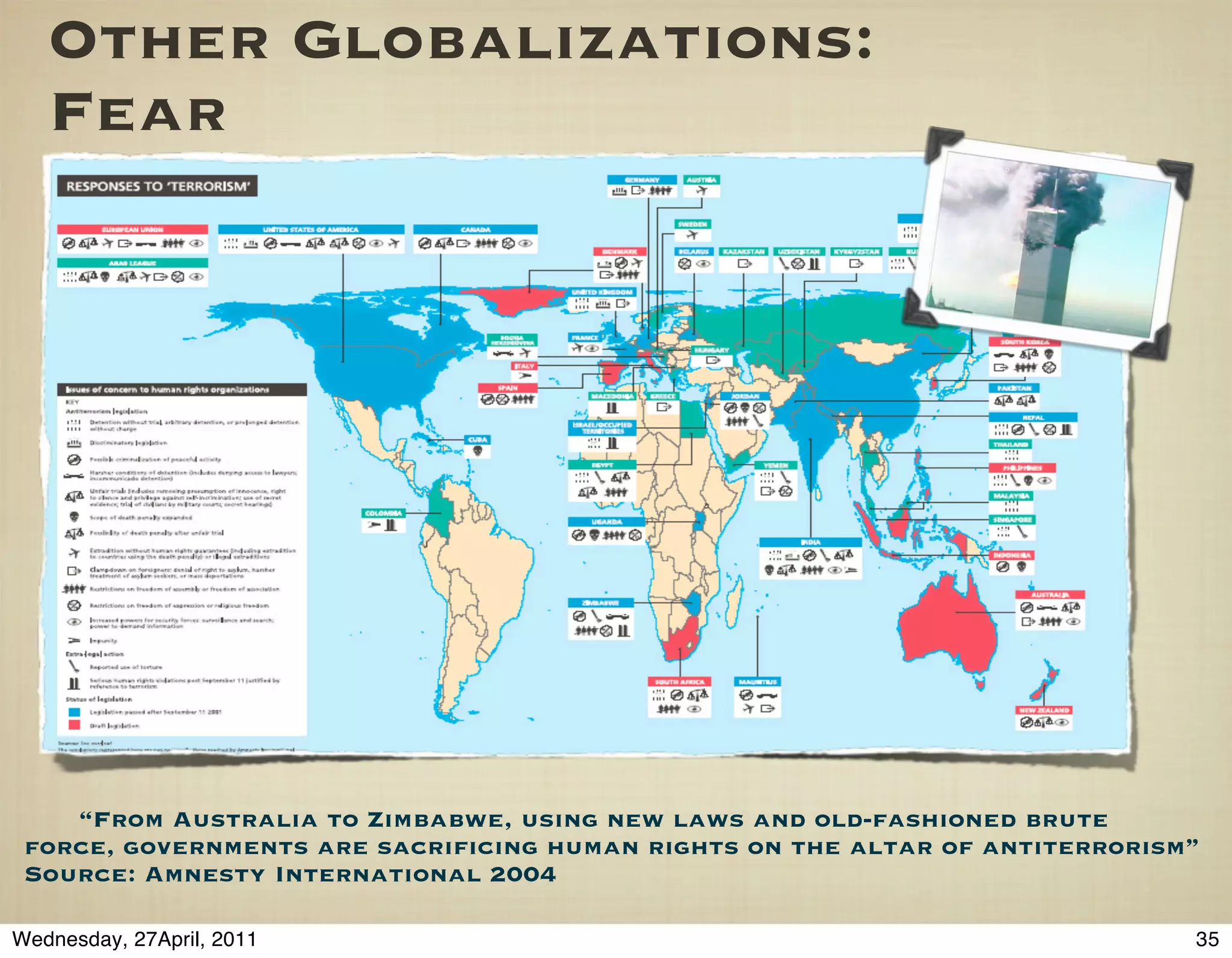 Other Globalizations:
   Fear




    “From Australia to Zimbabwe, using new laws and old-fashioned brute
 force, governments are sacriﬁcing human rights on the altar of antiterrorism”
 Source: Amnesty International 2004

Wednesday, 27April, 2011                                                     35
 