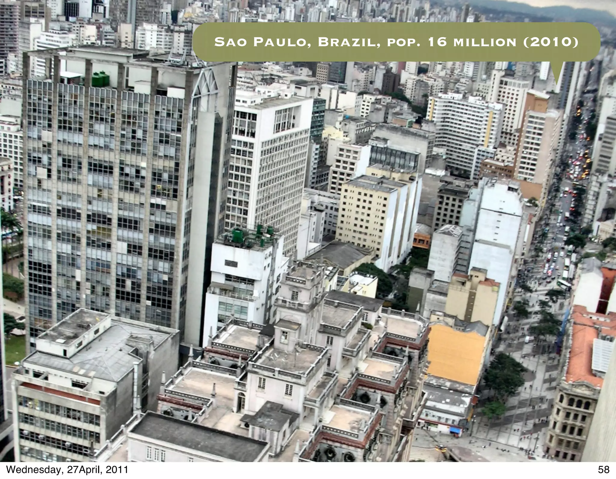 Sao Paulo, Brazil, pop. 16 million (2010)




Wednesday, 27April, 2011                                               58
 