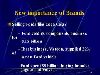 New importance of Brands Selling Fords like Coca Cola?  -  Ford sold its components business for   $1.5 billion - That business, Visteon, supplied 22% of   a new Ford vehicle - Ford spent $9 billion  buying brands:   Jaguar and Volvo 