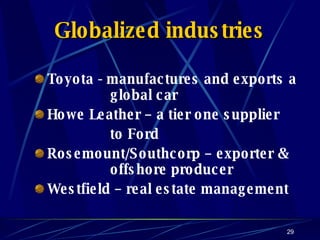 Globalized industries Toyota - manufactures and exports a   global car Howe Leather – a tier one supplier to Ford Rosemount/Southcorp – exporter &   offshore producer Westfield – real estate management 