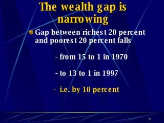 The wealth gap is narrowing Gap between richest 20 percent and poorest 20 percent falls   - from 15 to 1 in 1970   - to 13 to 1 in 1997   -  i.e. by 10 percent 