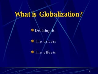 What is Globalization? Defining it The drivers The effects 