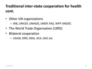 Traditional inter-state cooperation for health
cont.
• Other UN organizations
– WB, UNICEF, UNAIDS, UNDP, FAO, WFP UNODC
• The World Trade Organization (1995)
• Bilateral cooperation
– USAID, DfID, SIDA, JICA, GAC etc
11/15/2017 10
 