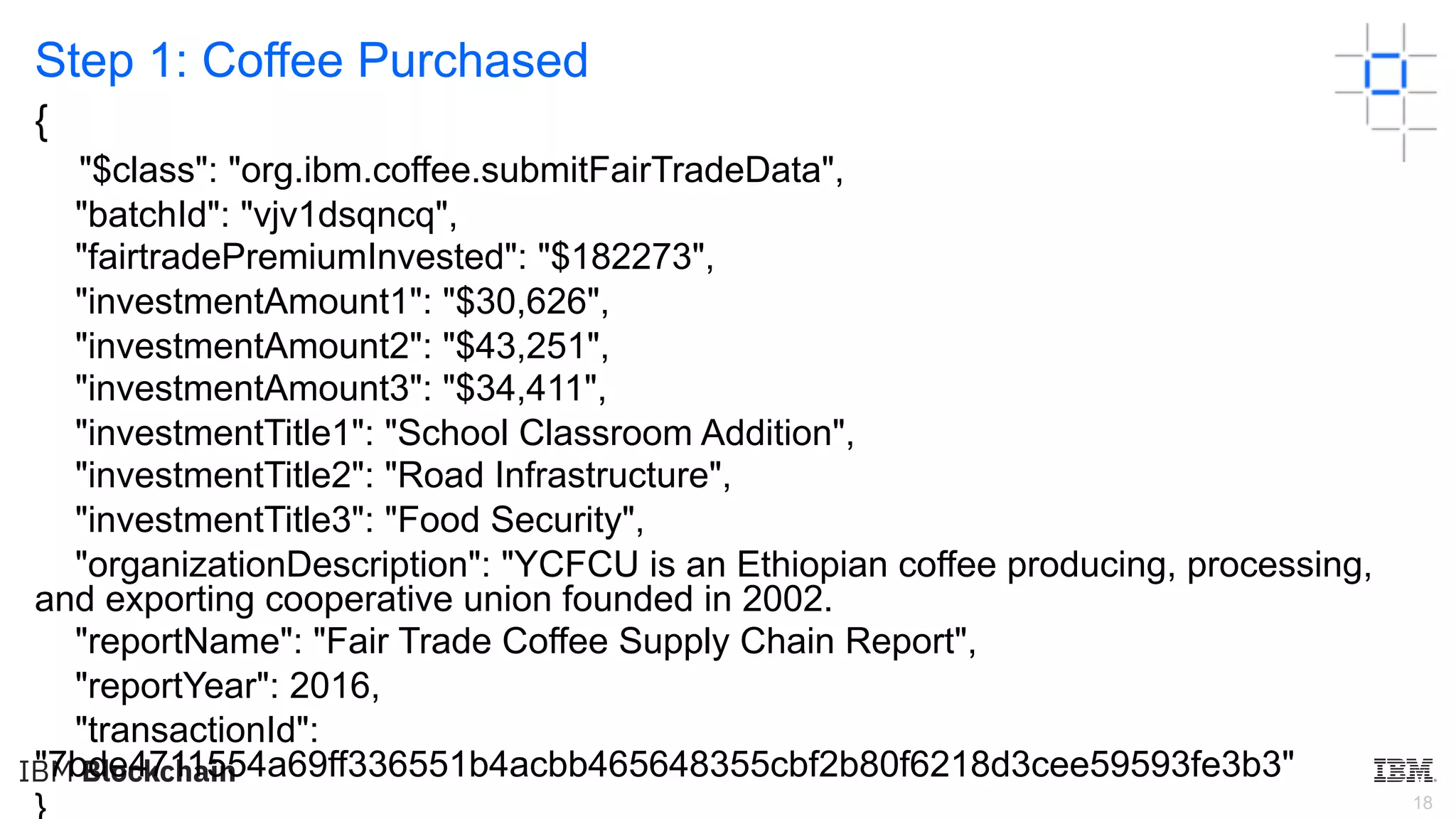 18
Step 1: Coffee Purchased
{
"$class": "org.ibm.coffee.submitFairTradeData",
"batchId": "vjv1dsqncq",
"fairtradePremiumInvested": "$182273",
"investmentAmount1": "$30,626",
"investmentAmount2": "$43,251",
"investmentAmount3": "$34,411",
"investmentTitle1": "School Classroom Addition",
"investmentTitle2": "Road Infrastructure",
"investmentTitle3": "Food Security",
"organizationDescription": "YCFCU is an Ethiopian coffee producing, processing,
and exporting cooperative union founded in 2002.
"reportName": "Fair Trade Coffee Supply Chain Report",
"reportYear": 2016,
"transactionId":
"7bde4711554a69ff336551b4acbb465648355cbf2b80f6218d3cee59593fe3b3"
 