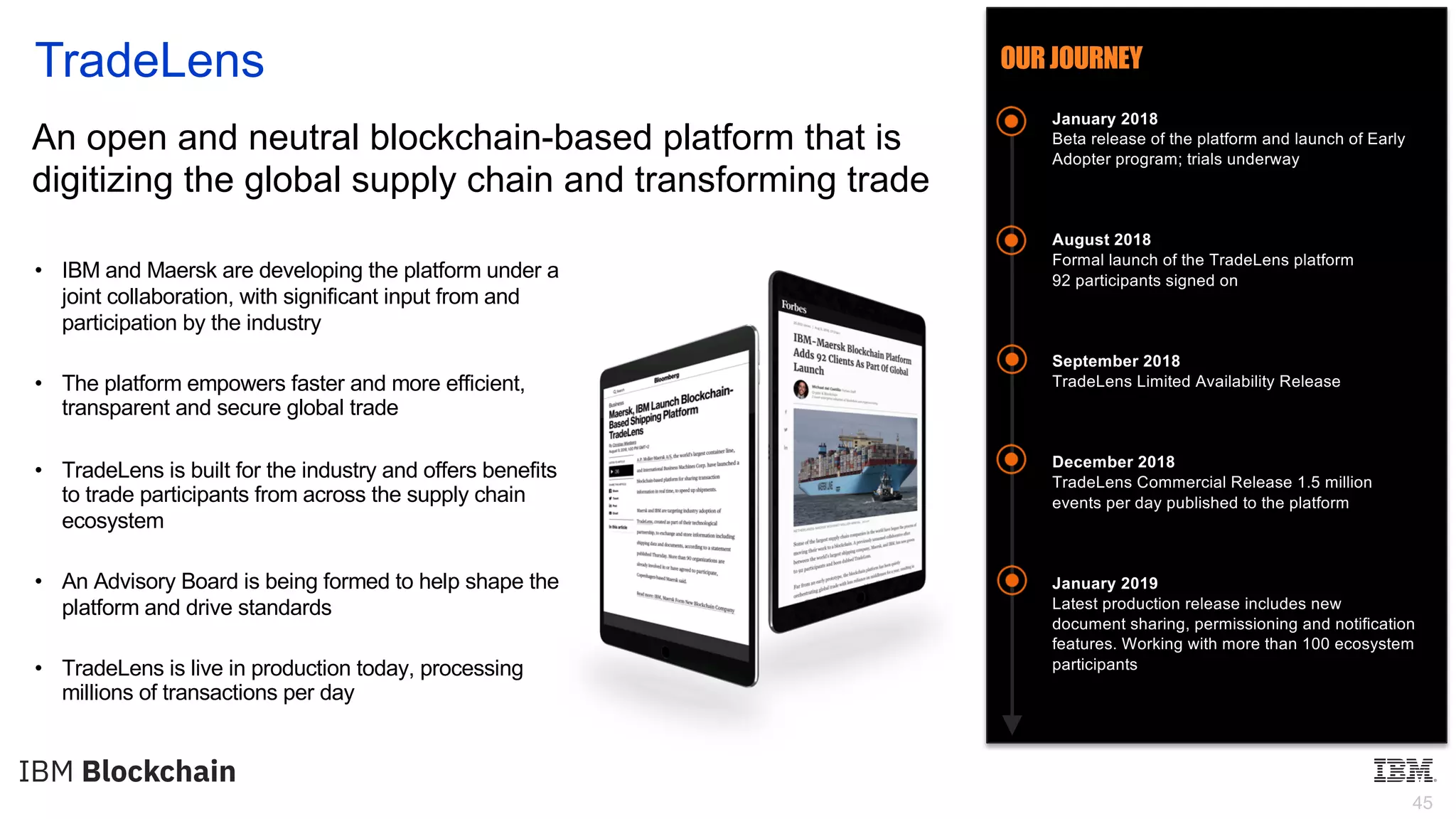 45
• IBM and Maersk are developing the platform under a
joint collaboration, with significant input from and
participation by the industry
• The platform empowers faster and more efficient,
transparent and secure global trade
• TradeLens is built for the industry and offers benefits
to trade participants from across the supply chain
ecosystem
• An Advisory Board is being formed to help shape the
platform and drive standards
• TradeLens is live in production today, processing
millions of transactions per day
An open and neutral blockchain-based platform that is
digitizing the global supply chain and transforming trade
September 2018
TradeLens Limited Availability Release
December 2018
TradeLens Commercial Release 1.5 million
events per day published to the platform
January 2019
Latest production release includes new
document sharing, permissioning and notification
features. Working with more than 100 ecosystem
participants
August 2018
Formal launch of the TradeLens platform
92 participants signed on
January 2018
Beta release of the platform and launch of Early
Adopter program; trials underway
OURJOURNEYTradeLens
 