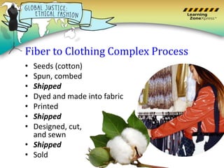 Fiber to Clothing Complex Process
• Seeds (cotton)
• Spun, combed
• Shipped
• Dyed and made into fabric
• Printed
• Shipped
• Designed, cut,
and sewn
• Shipped
• Sold
 