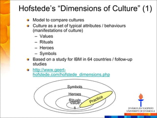 Hofstede‘s ―Dimensions of Culture‖ (1)
    Model to compare cultures
    Culture as a set of typical attributes / behaviours
    (manifestations of culture)
     – Values
     – Rituals
     – Heroes
     – Symbols
    Based on a study for IBM in 64 countries / follow-up
    studies
    http://www.geert-
    hofstede.com/hofstede_dimensions.php

                      Symbols
                      Heroes
                      Rituals
                      Value
                         s
 