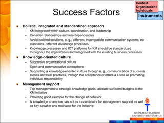 Context.
                                                                                 Organization /

                     Success Factors                                             Individuals
                                                                                   Instruments

Holistic, integrated and standardized approach
 –   KM integrated within culture, coordination, and leadership
 –   Consider relationships and interdependencies
 –   Avoid isolated solutions, e. g., different, incompatible communication systems, no
     standards, different knowledge processes,
 –   Knowledge processes and ICT platforms for KM should be standardized
     throughout the organization and integrated with the existing business processes.
Knowledge-oriented culture
 –   Supportive organizational culture
 –   Open and communicative atmosphere
 –   Supporting a knowledge-oriented culture through e. g., communication of success
     stories and best practices, through the acceptance of errors a s well as promoting
     individual responsibility
Management support
 –   Top management to strategic knowledge goals, allocate sufficient budgets to the
     KM initiative
 –   Providing good example for the change of behavior
 –   A knowledge champion can act as a coordinator for management support as well
     as key speaker and motivator for the initiative.
 