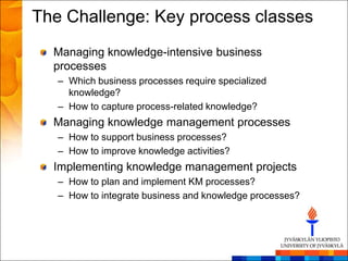 The Challenge: Key process classes
  Managing knowledge-intensive business
  processes
   – Which business processes require specialized
     knowledge?
   – How to capture process-related knowledge?
  Managing knowledge management processes
   – How to support business processes?
   – How to improve knowledge activities?
  Implementing knowledge management projects
   – How to plan and implement KM processes?
   – How to integrate business and knowledge processes?
 